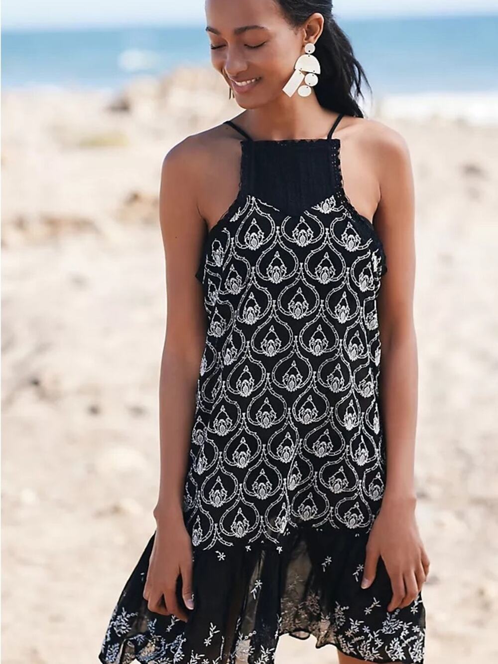 NEW Anthropologie black white sheer Embroidered Halter Summer Dress coverup XS